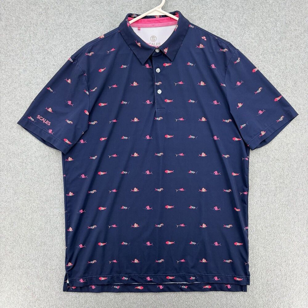 Scales Mens Medium Navy Fish Print Polo Performance Golf Fishing Shirt Stretch